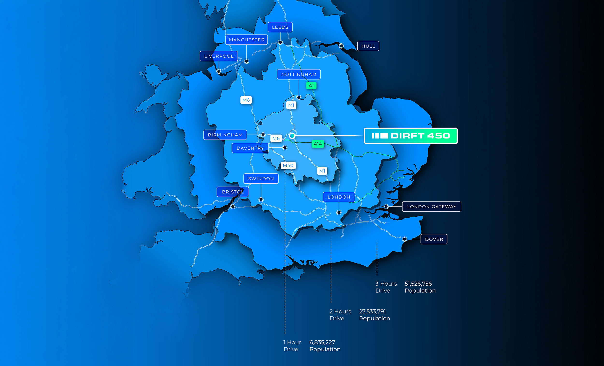 UK drive-times map from DIRFT 450